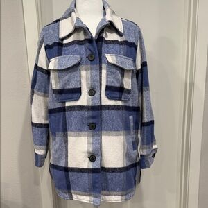 Sebby Blue Plaid Print Wool Blend Button Up Shacket Coat | Size M | EUC